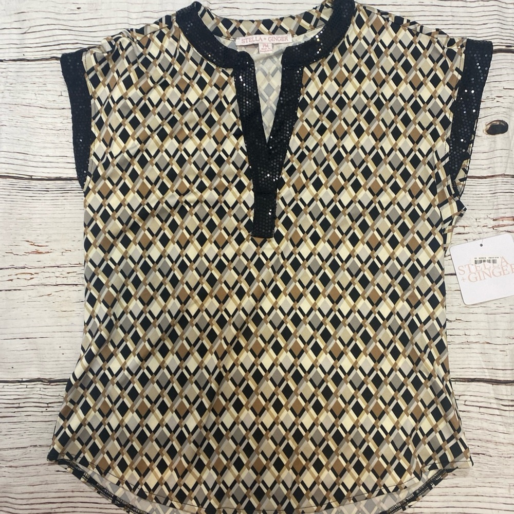 Stella & Ginger Patterned Black and Cream Women's Top Size Petite M
